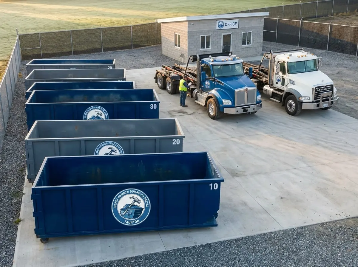 Silver Hammer Dumpster Rental roll-off truck and container on a Taunton, MA street