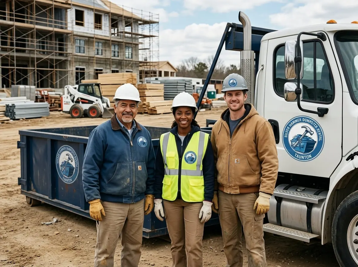 The Silver Hammer Dumpster Rental team beside a roll-off truck and container in Taunton, MA